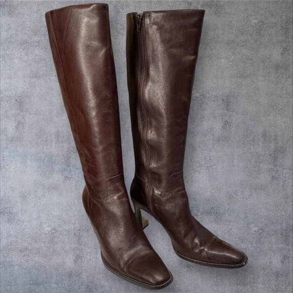 HTF Ralph Lauren Deedra Women's Tall Leather Boots Burgundy Oxblood Brazil 9.5B - Picture 1 of 16